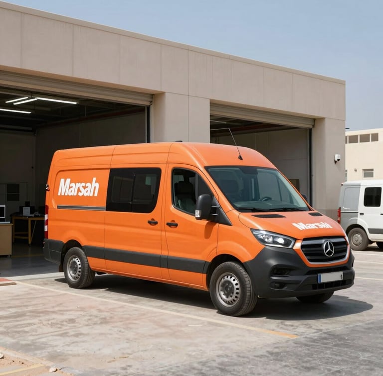 A branded safety-orange service van parked outside a clean modern workshop in Marsa Dubai, bright daylight, high-contrast industrial look.