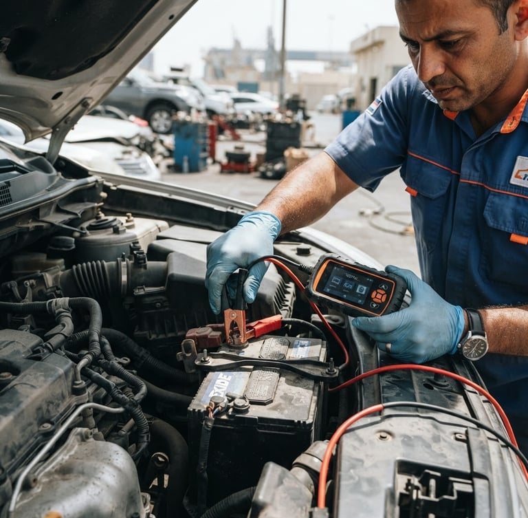 Action-oriented close-up of a technician testing a car battery with a digital diagnostic tool under bright midday Dubai sun, safety orange accents.