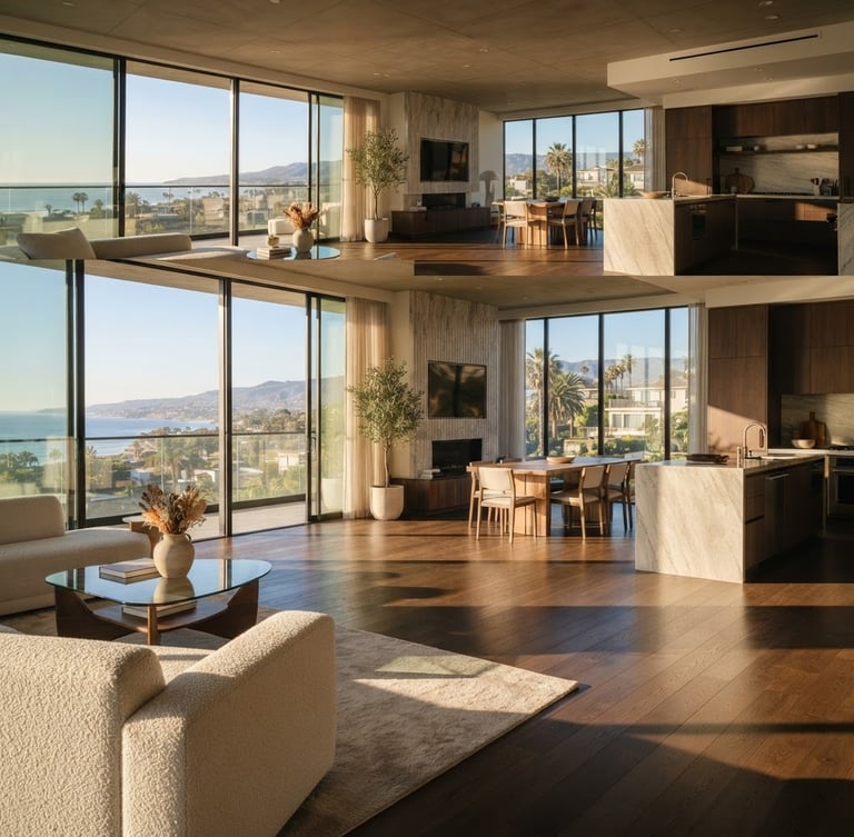 Cinematic architectural video loop of a luxury modern apartment interior, warm natural California sunlight streaming through floor-to-ceiling windows, slow panning shot, 35mm lens