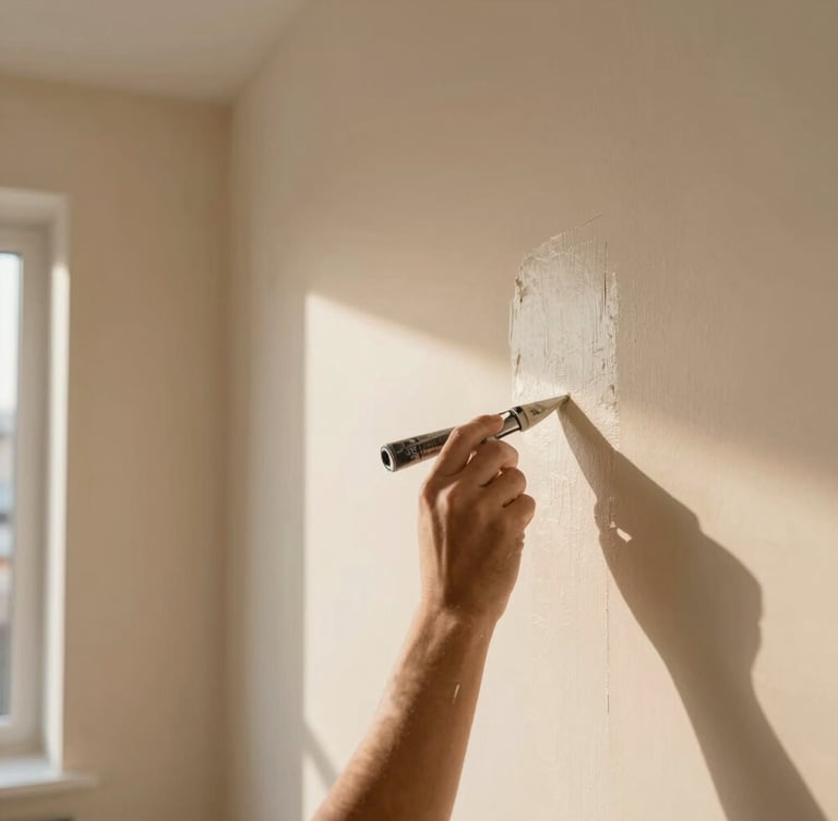Cinematic close-up video of a professional painter applying a perfect paint edge to a warm champagne-colored wall, natural sunlight, sharp focus, 35mm lens