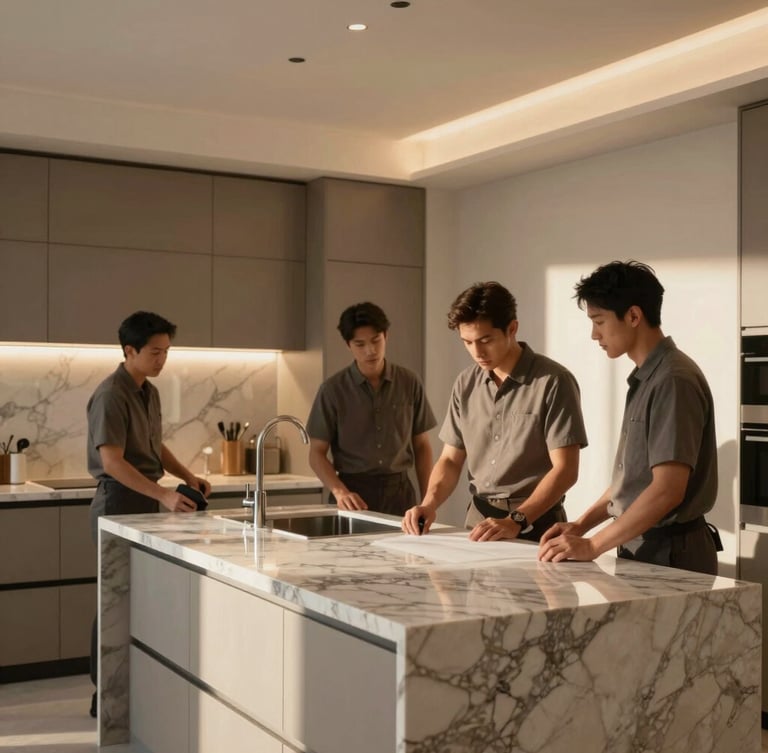 Cinematic close-up of a luxury apartment kitchen renovation, marble countertops, warm architectural lighting, a uniformed team member carefully inspecting the finishing details