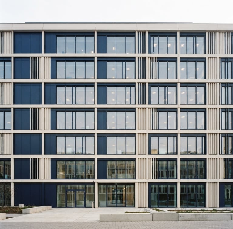 Wide architectural crop of a minimalist modern corporate building facade, clean lines, soft natural window light, deep navy and warm off-white tones, 35mm lens