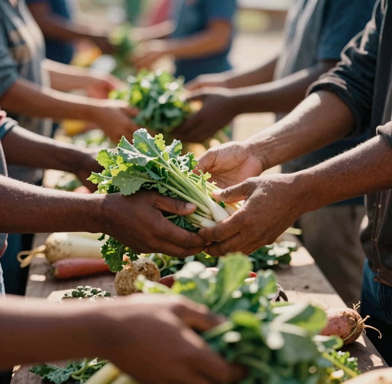 A close-up documentary shot of hands distributing fresh produce at a community center, warm natural daylight, earthy tones, 35mm film look