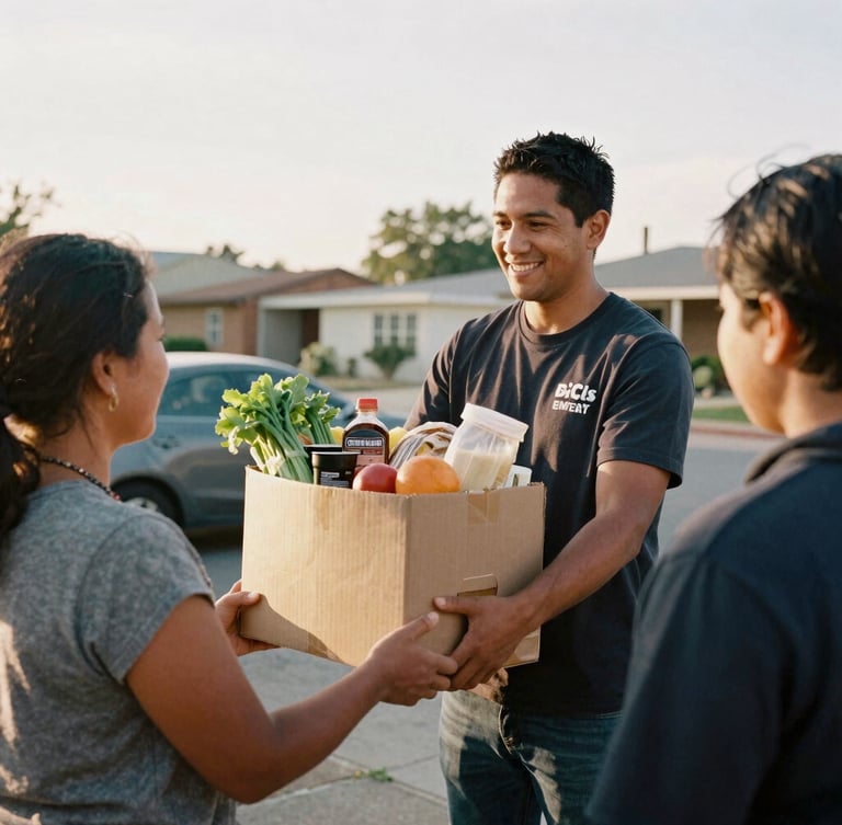 Warm documentary photography of a local community organizer handing a fresh grocery box to a family under soft golden-hour daylight, 35mm film look