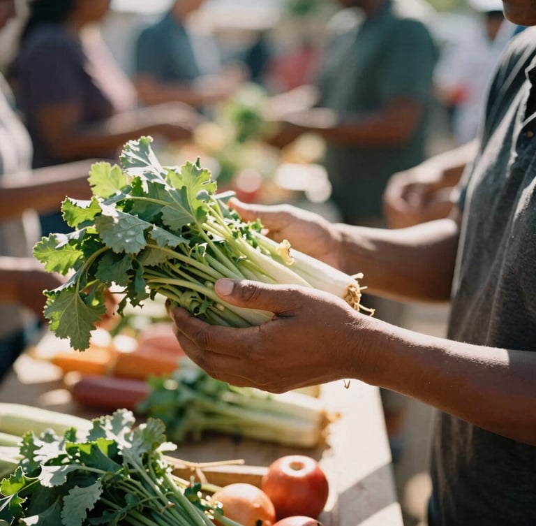A close-up documentary photograph of hands distributing fresh produce at a community center, warm natural daylight, authentic human subjects