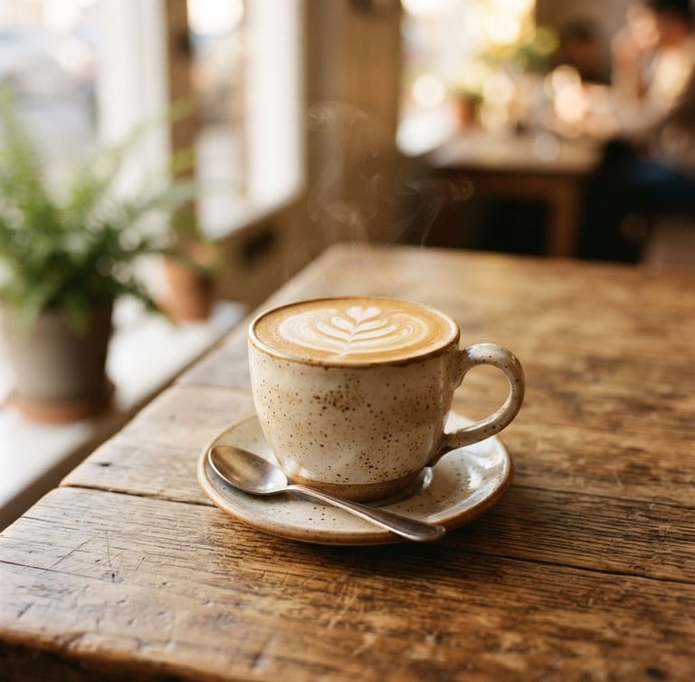 A steaming mug of latte art with warm morning window light casting soft shadows on a rustic wooden table, 35mm editorial photography