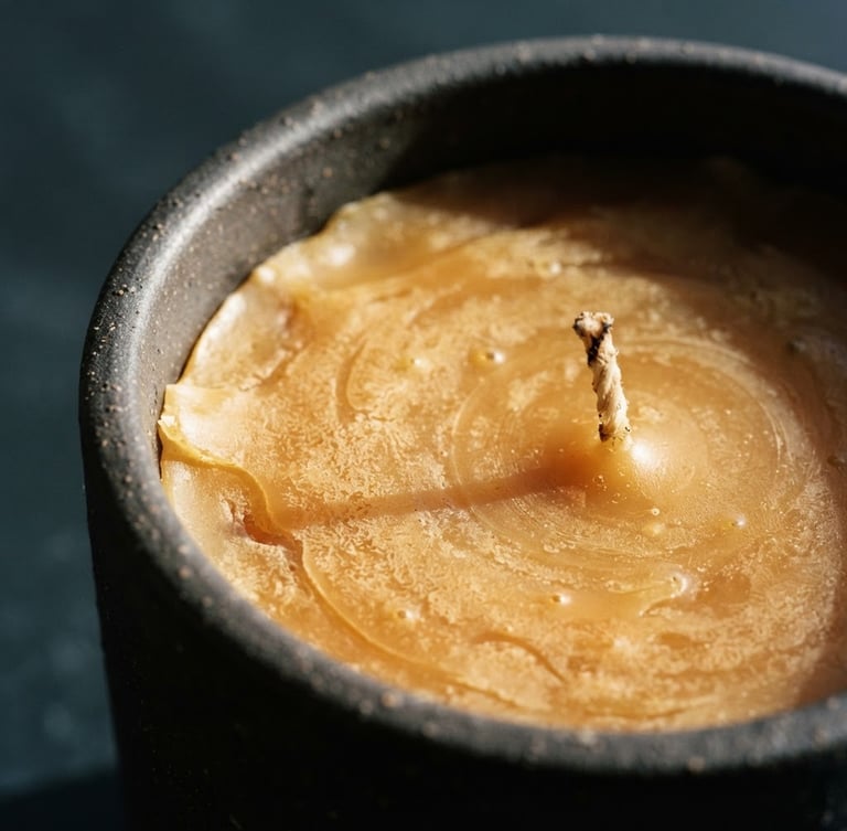 A macro close-up of warm golden hand-poured candle wax setting in a dark ceramic vessel, dramatic side lighting, deep slate background, 35mm