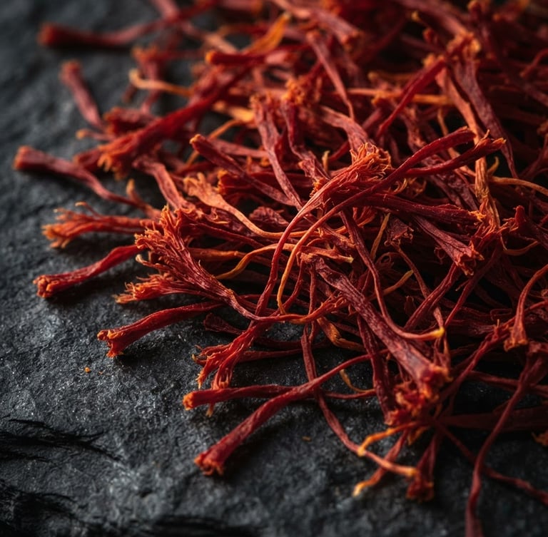 Macro close-up of raw saffron threads on a dark stone surface, dramatic side-lit studio lighting, rich warm tones, deep slate background, 35mm