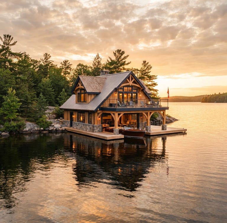 Wide panoramic shot of a newly constructed luxury boathouse on a calm Muskoka lake at golden hour, timber frame visible, water reflecting warm light, expansive sky.