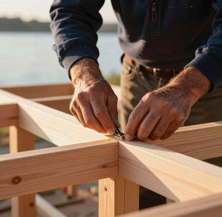 Close-up of an experienced craftsman's hands (Wayne) working on timber-frame joinery, focused on precise cuts, warm morning sun highlighting wood textures, sharp detail.
