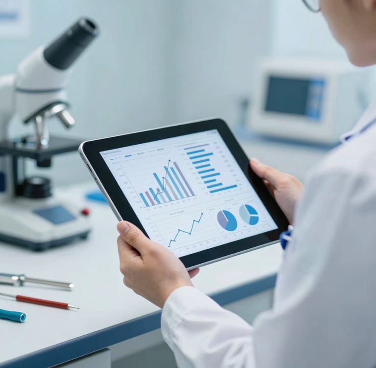Hands of an engineer in a clean clinical uniform holding a tablet with technical graphs, sterile background, high-precision tools visible, cool lighting.