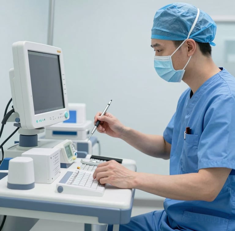 Hands of a clinical engineer in a sterile blue uniform calibrating a medical monitor using professional testing tools, sharp focus, cool clinical daylight
