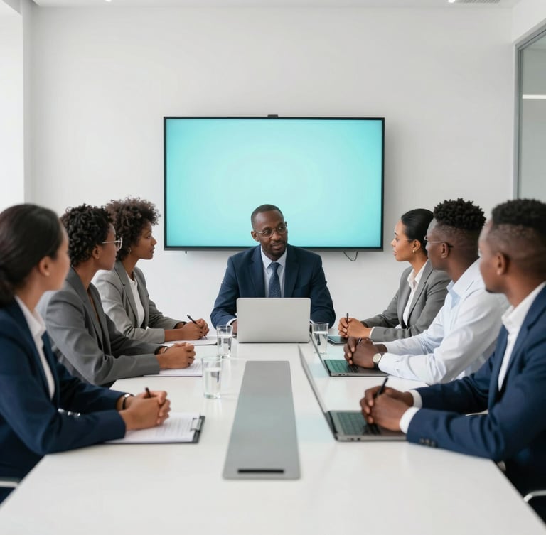 A professional medium-wide environmental shot of a diverse African corporate team collaborating in a bright, modern conference room, natural daylight, soft cyan screen glows.