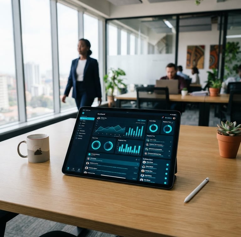 Clean corporate photography of a modern African office with bright natural daylight. A professional tablet lies on a light wooden desk, displaying a sleek customer communication dashboard with crisp cyan highlights and data visualizations. Sharp focus, professional navy and cyan tones, 35mm lens.