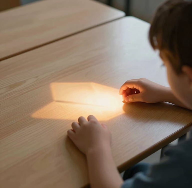 Over-the-shoulder shot of a child's hands interacting with a luminous, soft-amber geometric light projection on a clean wooden desk, natural classroom light blending with the projection glow.