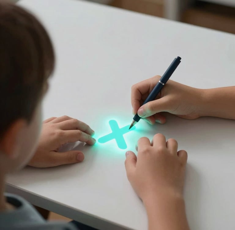 A close-up over-the-shoulder shot of a child's hands tracing a glowing turquoise letter projected onto a clean white desk, daylight blending with the projection.