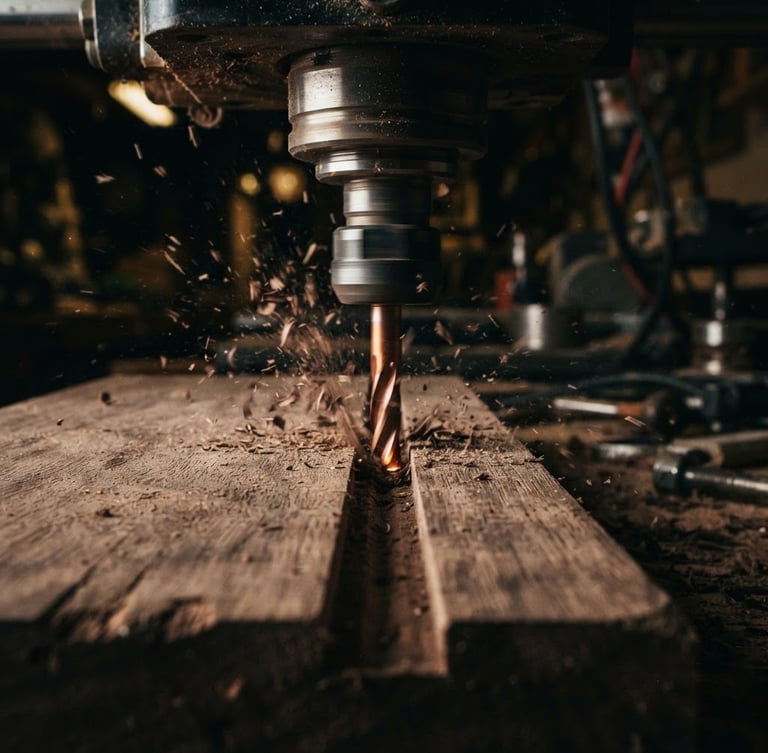 Extreme macro close-up of a CNC router bit carving clean channels into a raw dark walnut plank, dramatic side-lighting showing wood grain and metal textures, moody workshop atmosphere, 35mm