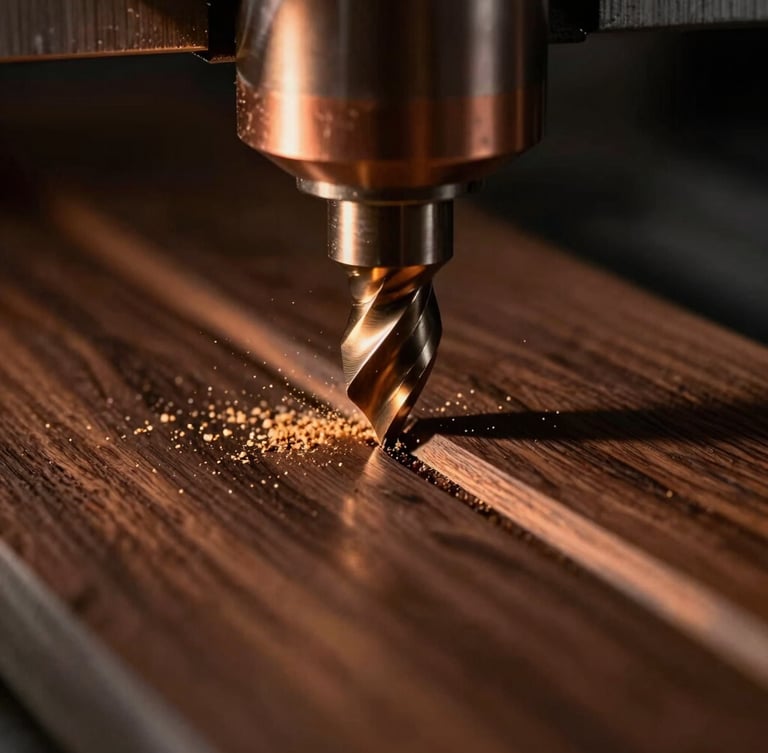 Extreme macro shot of a CNC router bit cutting a clean channel into dark walnut, fine sawdust flying, dramatic golden side-lighting, 35mm