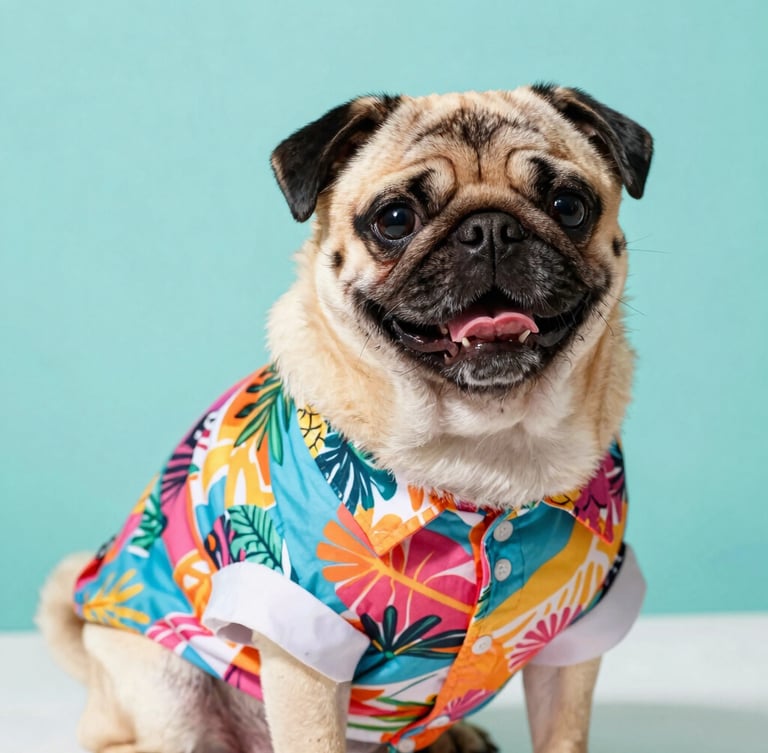 Vibrant studio photography of a happy pug wearing a colorful tropical shirt, bright daylight, teal background, eye-level medium shot