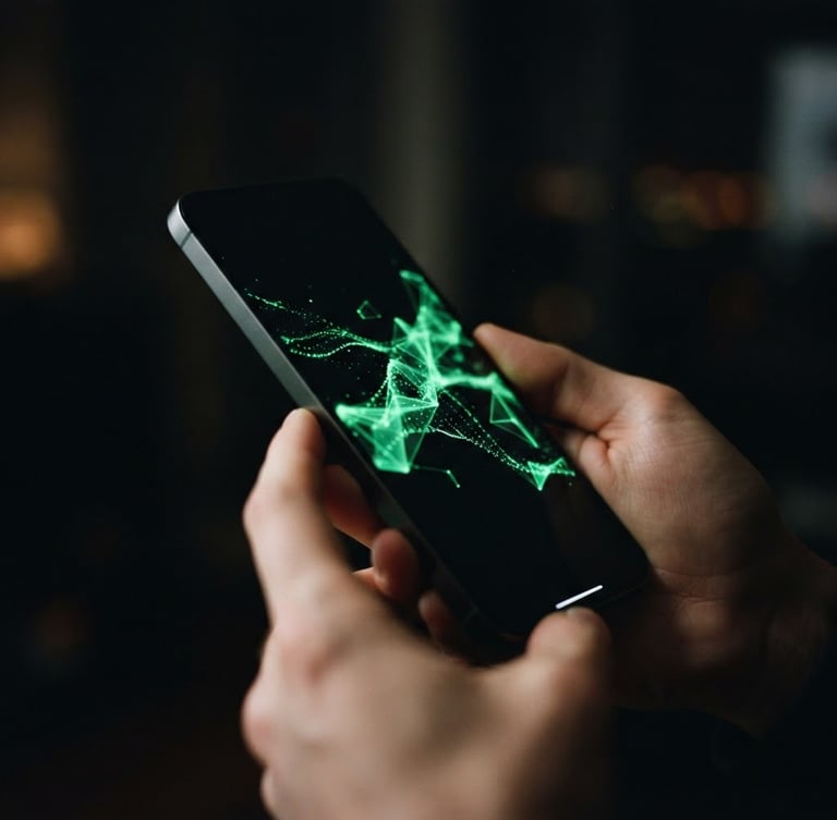 Moody tech photography, low-key ambient light with electric green accents, sharp focus on a physical Android device displaying a fluid UI animation, 35mm