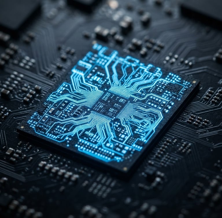 Macro close-up of a sleek mobile system-on-chip processor, glowing electric-blue circuitry paths, dark obsidian silicon texture, sharp studio lighting, shallow depth of field