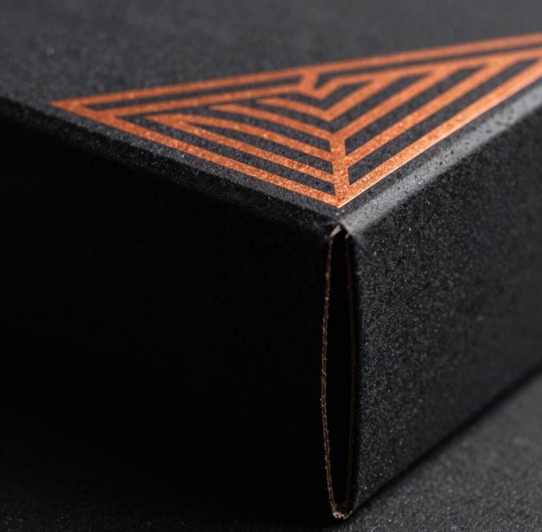 Extreme macro product photography of a luxury black cardboard box edge with crisp embossed hot-copper orange geometric patterns, dramatic side-lighting, deep shadows, ultra-sharp focus, 35mm