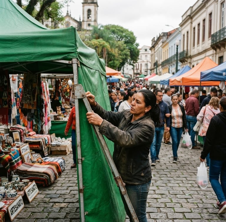 Wide panoramic view of a bustling outdoor street market in Curitiba under overcast daylight, focusing on a vendor setting up a green tent, with hands adjusting a metal frame, showing texture and durability, eye-level shot.