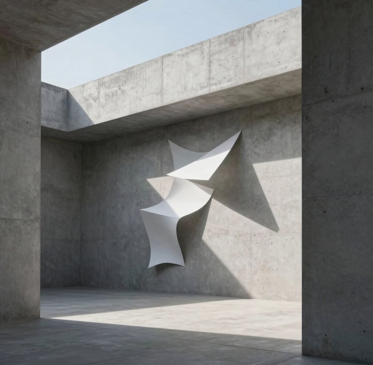Wide architectural composition of clean concrete lines and abstract paper-sculpture shadows under cool, diffused daylight.