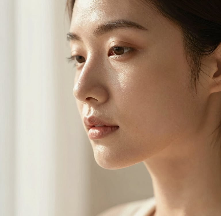 Close-up portrait of a woman with naturally hydrated, glowing skin, soft diffused morning light, warm shadows, cream tones, slightly off-center to the right