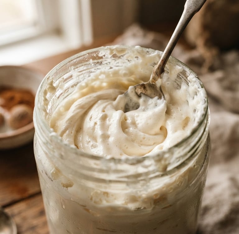 Macro close-up of thick, whipped cream texture being swirled in a glass jar, soft diffused morning window light, warm shadows, cream and earth tones, shallow depth of field.