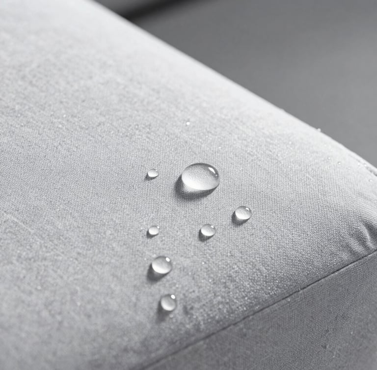 Macro close-up of water droplets beading perfectly on a treated grey fabric sofa, clean and high-contrast, bright natural daylight, 35mm lens