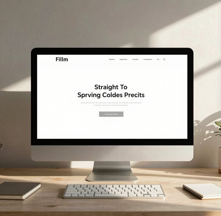 Straight-on desktop mockup of a clean, minimalist website on a modern display, warm morning light casting soft shadows on a linen-textured desk with a notebook.