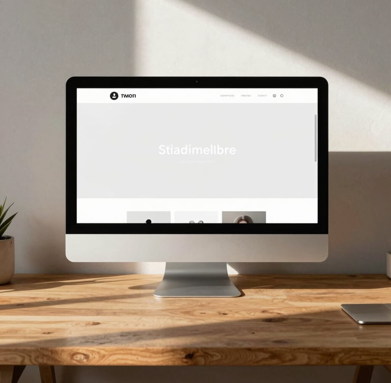 Straight-on desktop mockup of a clean website interface on a warm-toned wooden desk, soft morning light, natural shadows, editorial feel.