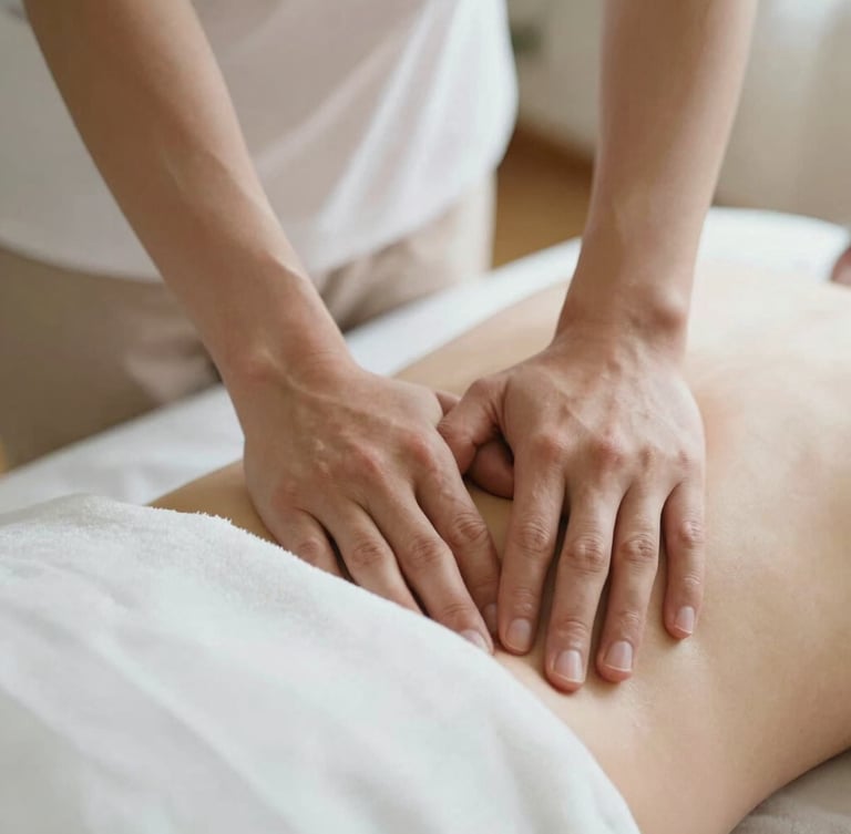 Close-up of professional therapist hands performing targeted deep tissue muscle therapy on clean white linen, soft diffused natural light, warm neutral tones