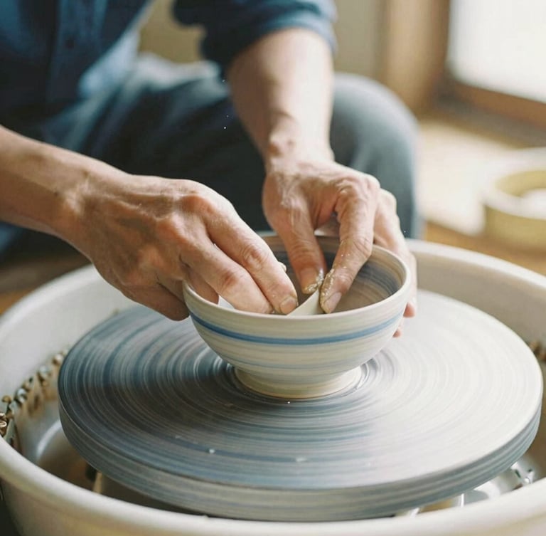 Close-up of a Japanese craftsman's hands carefully shaping a ceramic bowl on a wooden wheel, warm natural light, shallow depth of field.