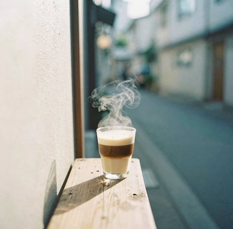 Candid lifestyle photo of a quiet Tokyo alleyway in Shibuya at morning light, a steaming flat white on a small wooden ledge, warm 35mm film aesthetic.