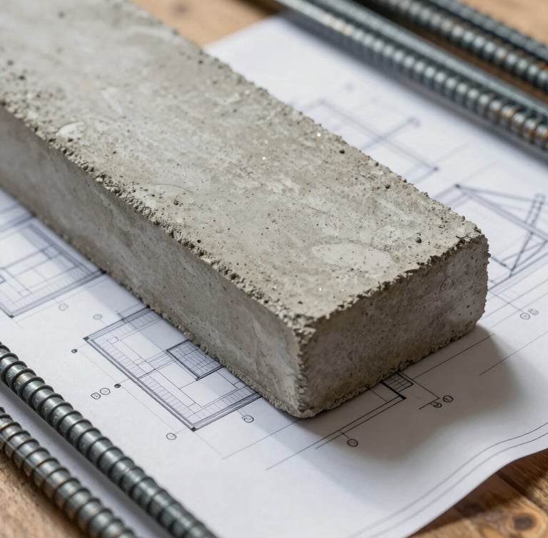 Close-up of premium construction materials, raw textured concrete, steel reinforcement bars, architectural blueprints laid out on a wooden table, sharp focus, morning light