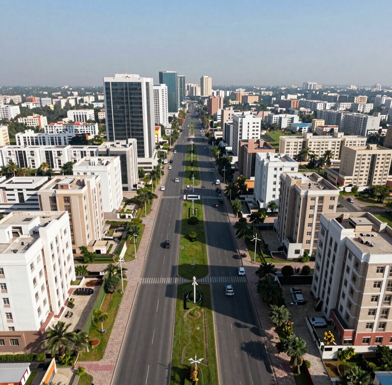 Wide symmetrical aerial drone shot of DHA Phase II Islamabad, showcasing structured paved roads, green belts, and modern residential architecture under crisp blue daylight.