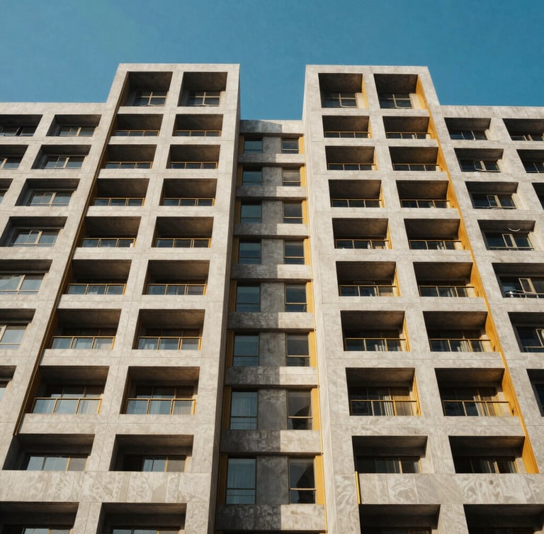 Symmetrical architectural elevation of a modern multi-story commercial plaza in Gulberg Greens, Islamabad, sharp concrete lines, warm gold accents, bright blue sky.