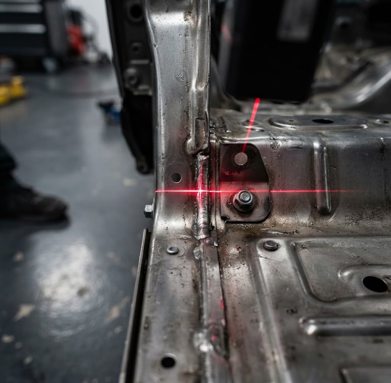 Tight macro shot of a laser alignment guide projecting a crisp red line onto a metallic car chassis on a clean workshop floor, sharp focus, 50mm lens