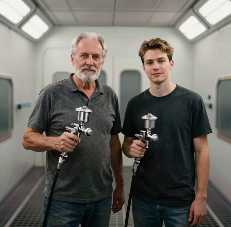 Honest portrait of a senior automotive painter and his son standing side-by-side in a clean, modern pressurized paint booth, holding professional spray guns, warm overhead task lighting