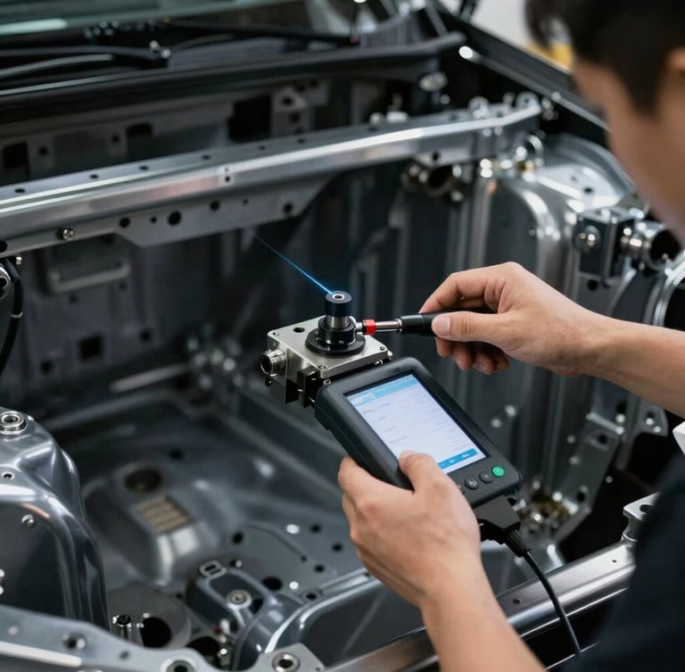 Close-up of a technician using a digital laser alignment system on a metallic car chassis frame, sharp high-contrast workshop lighting, rich charcoal and steel tones.