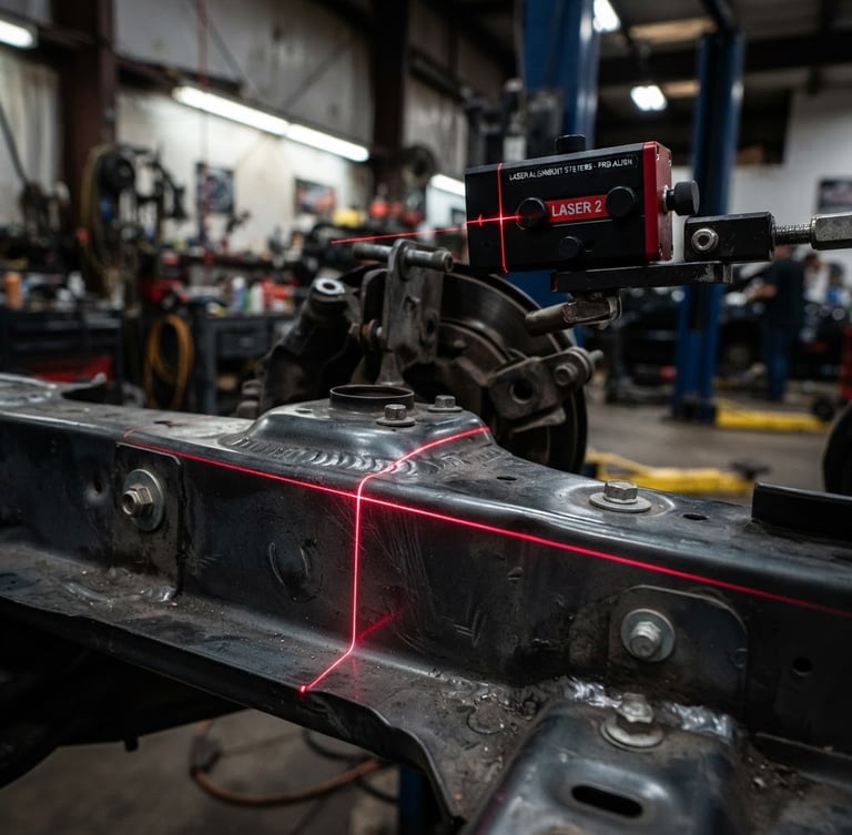 Macro shot of a high-end laser alignment system projecting a crisp red line onto a charcoal metallic car chassis, sharp focus, industrial workshop lighting