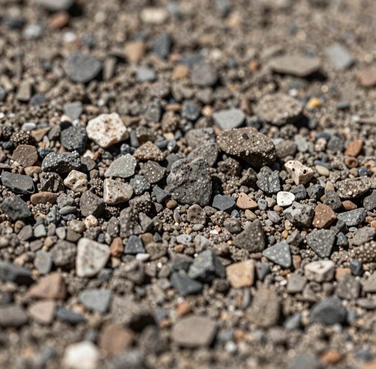 Extreme macro close-up of high-quality crushed gravel and sand texture, sharp details, high-contrast natural daylight, industrial grit.