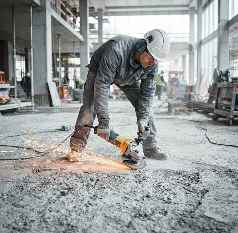 Sharp industrial photography of active concrete grinding with safety sparks, high-contrast concrete textures, bright natural daylight, cool grey tones, 35mm lens