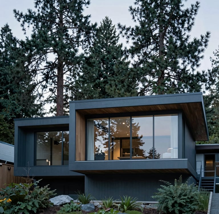 A modern Pacific Northwest home with large glass panels nestled under a lush pine canopy, soft overcast daylight, cool blue tones, architectural framing, 35mm lens.