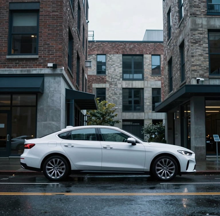 A clean high-end vehicle parked on a wet street in downtown Seattle, modern brick architecture in background, soft cool overcast light, 35mm lens.