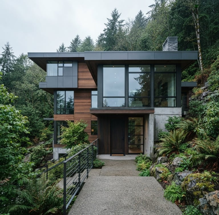 Crisp editorial photography of a modern Seattle home in soft overcast daylight, architectural framing, cool blue and slate tones, 35mm lens.