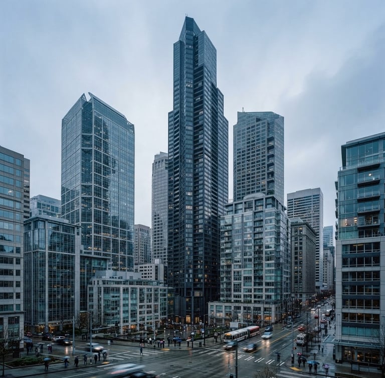 Crisp architectural view of downtown Seattle office buildings in soft overcast morning light, cool blue slate tones, 35mm lens framing