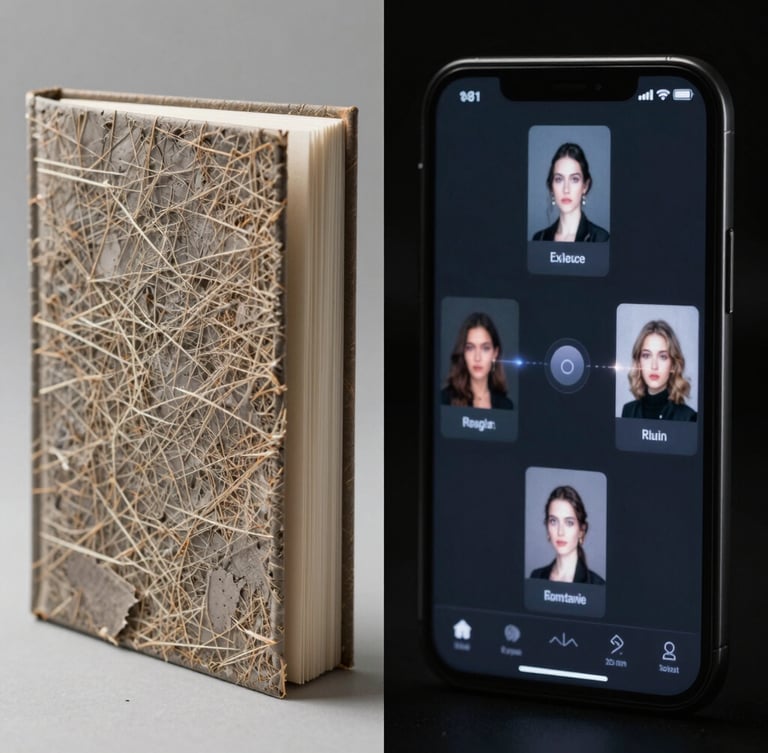 Split-screen composition showing a textured physical art book alongside its kinetic digital interface counterpart, high-contrast studio lighting, cold screen-glare reflections